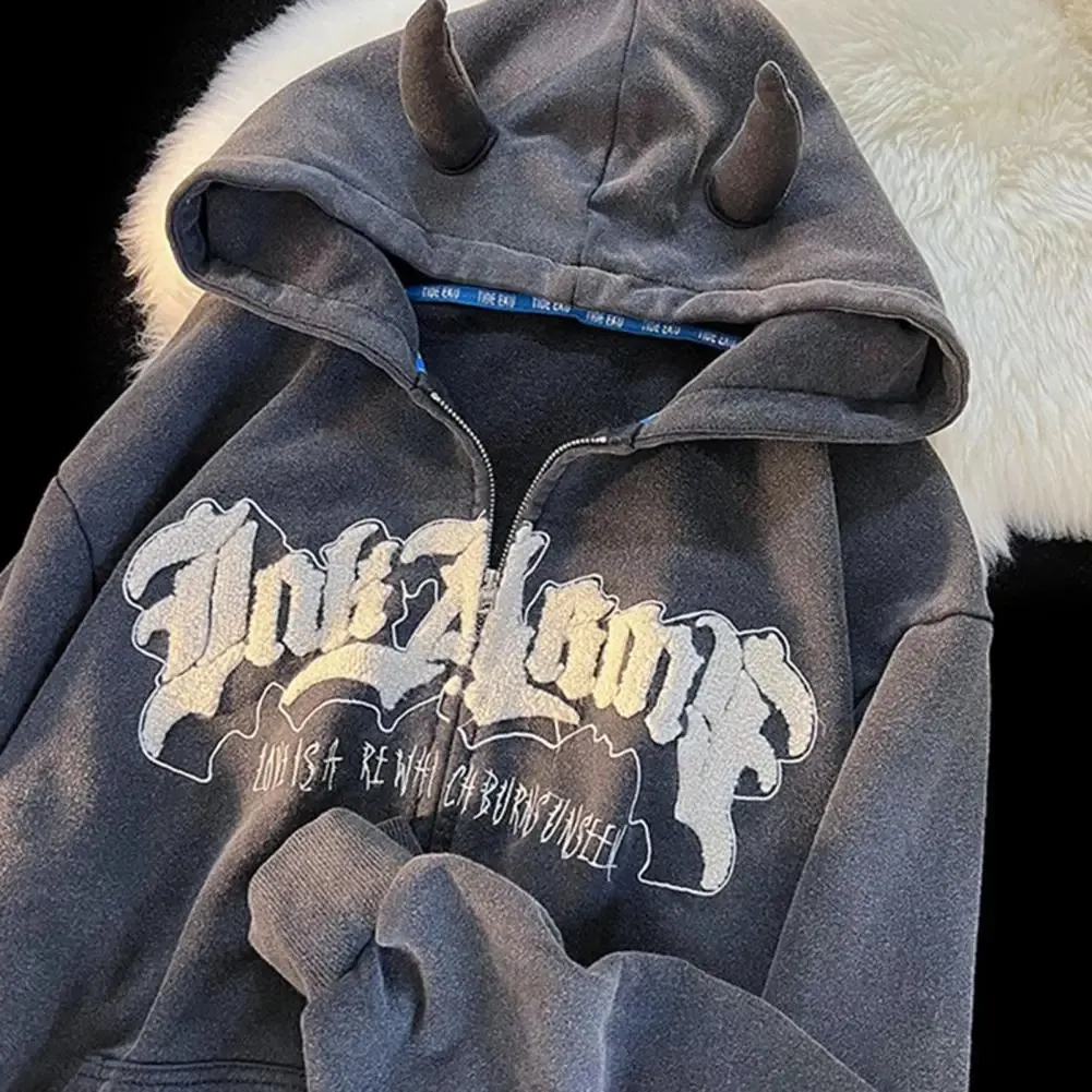 一番人気物 comfort Up Zip Horn Devil hoodie Loose - Pattern Letter with トップス
