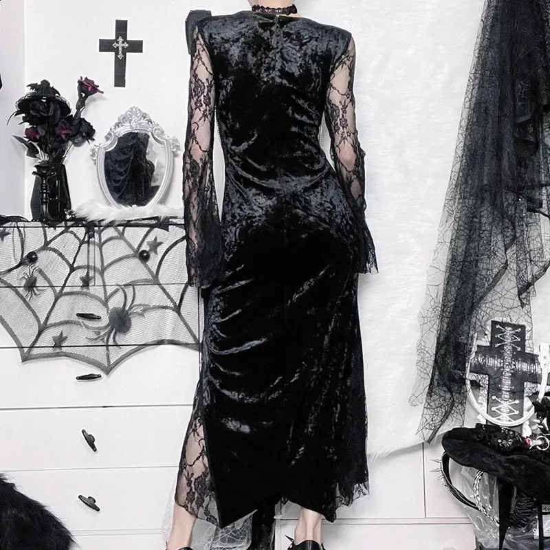 Gothic High Waist Halloween vampire's wife dress for Women - Long Sleeve, Aesthetic 90s Style, Slim Fit - Perfect for Parties and Clubs (CF22166)