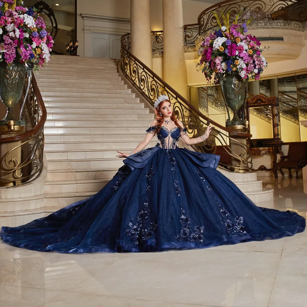 Navy Blue Ball Gown Quinceanera Dress Off the Shoulder Long Sleeve Tulle  Lace Appliqu Floor-Length Sweet 16 Dress from Dhgate Quinceanera Dresses -  price 501.51