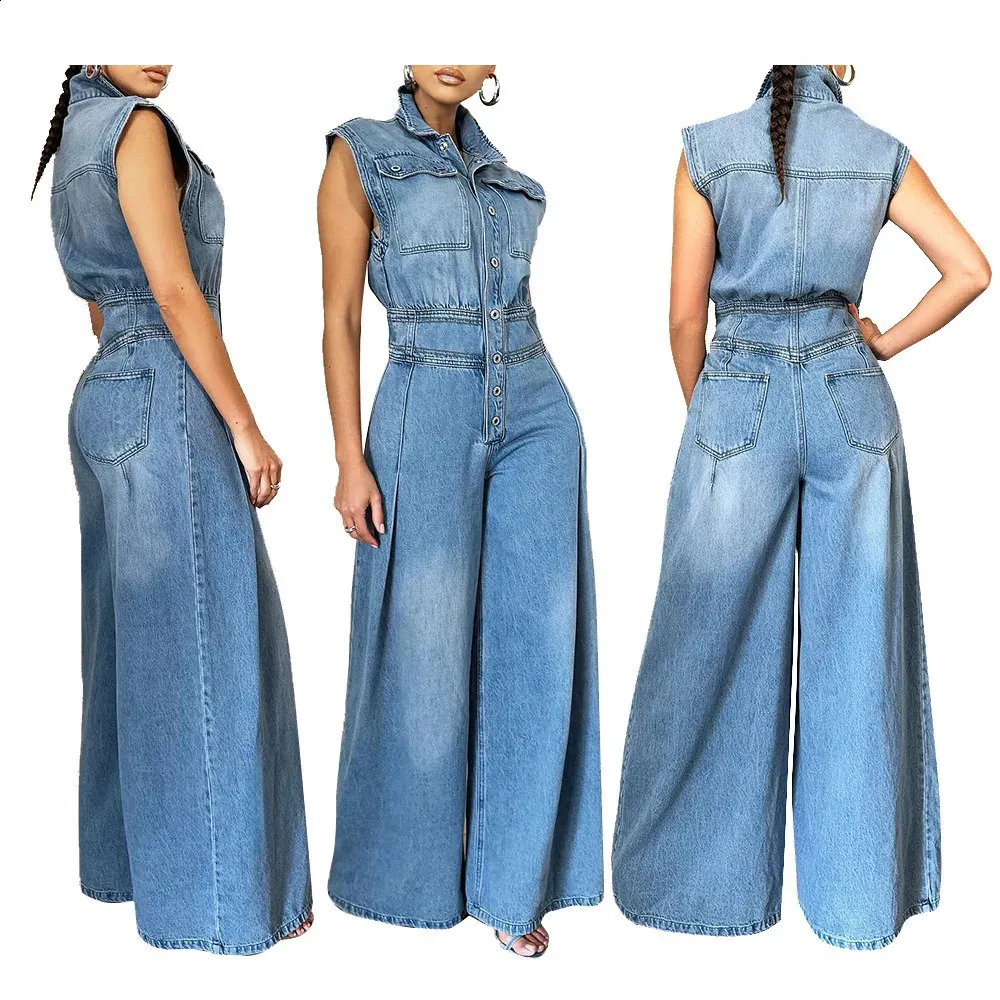 Womens Denim Jumpsuit: Sleeveless Wide Leg Overalls High Waist