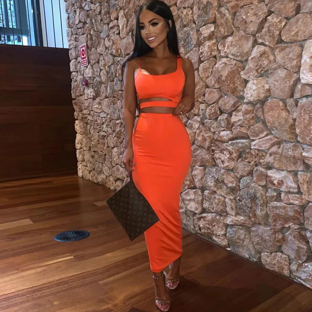Neon Green Orange Two Piece Set: Summer Club Outfits, Sexy