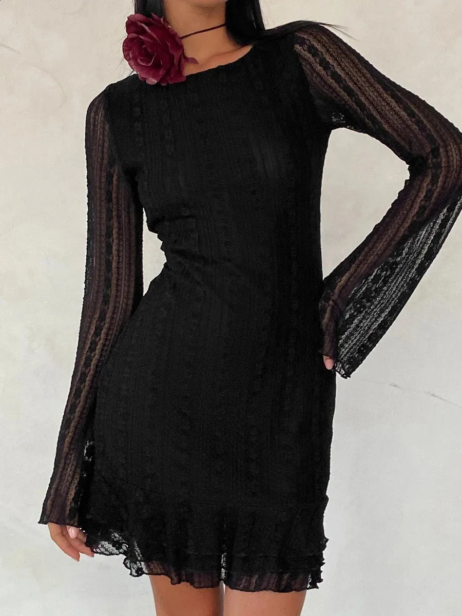 Fashion Vintage Women Long Sleeve Open Back Lettuce Trim Solid Color Short  Dress Lace Mini Dress Sexy Clubwear Vestidos 240823 From Charm_clothes,  $12.85 | DHgate.Com