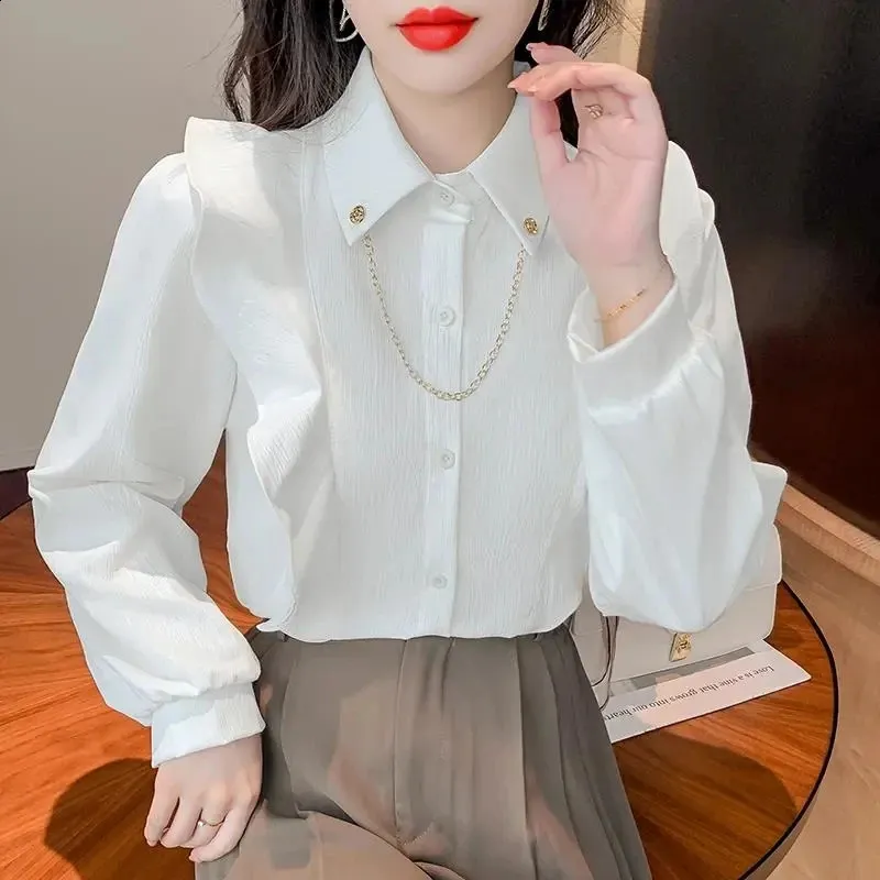 Spliced Ruffle Edge Chain Turn Down Collar Top Loose Long