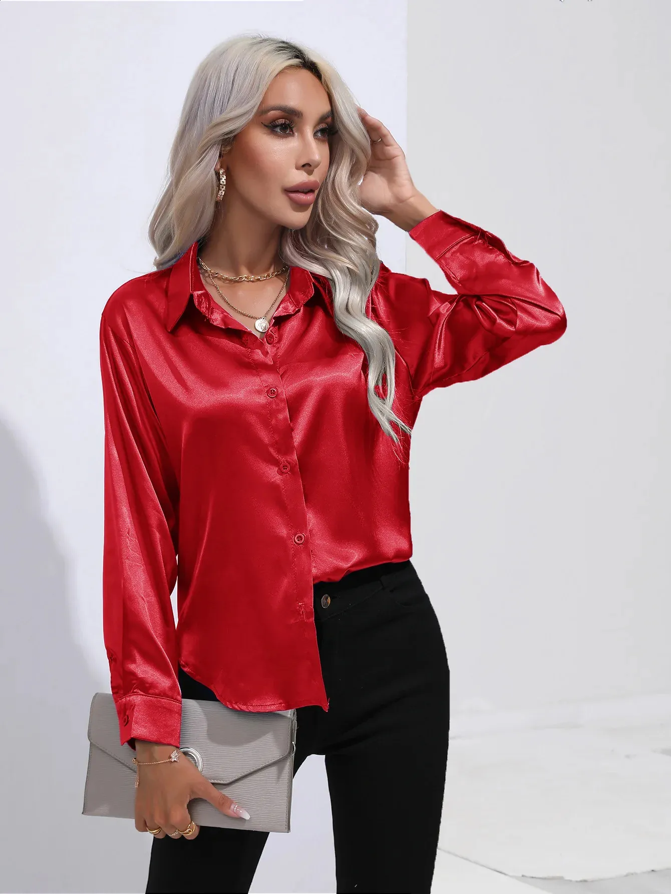 Camisa Con Botones De Satén Para Mujer Camisa Holgada De Manga Larga De  Satén Para Mujer Blusa Elegante Con Tacto De Seda 240823 De 10,73 € | DHgate, image size:1340x1785
