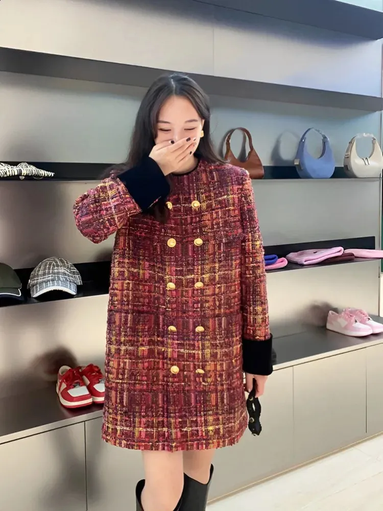Office Ladies Tweed Dress Loose Fit Straight Long Sleeve Double Breasted O-Neck Spring Women Short Dresses Vintage Plaid Dress 240824