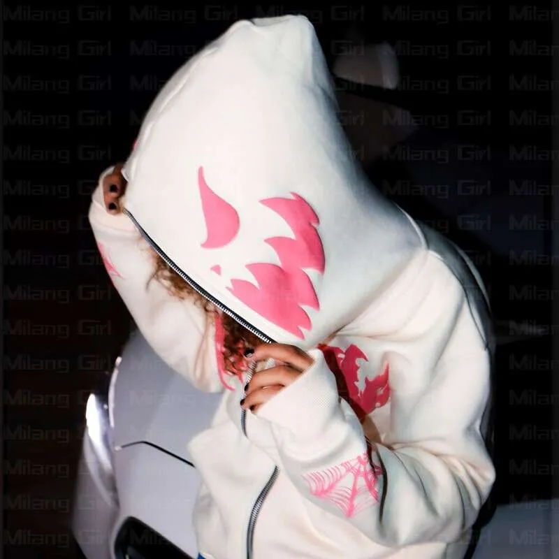 Y2K Haruku Retro White Oversized Sleeveless Spider Web Zip Up
