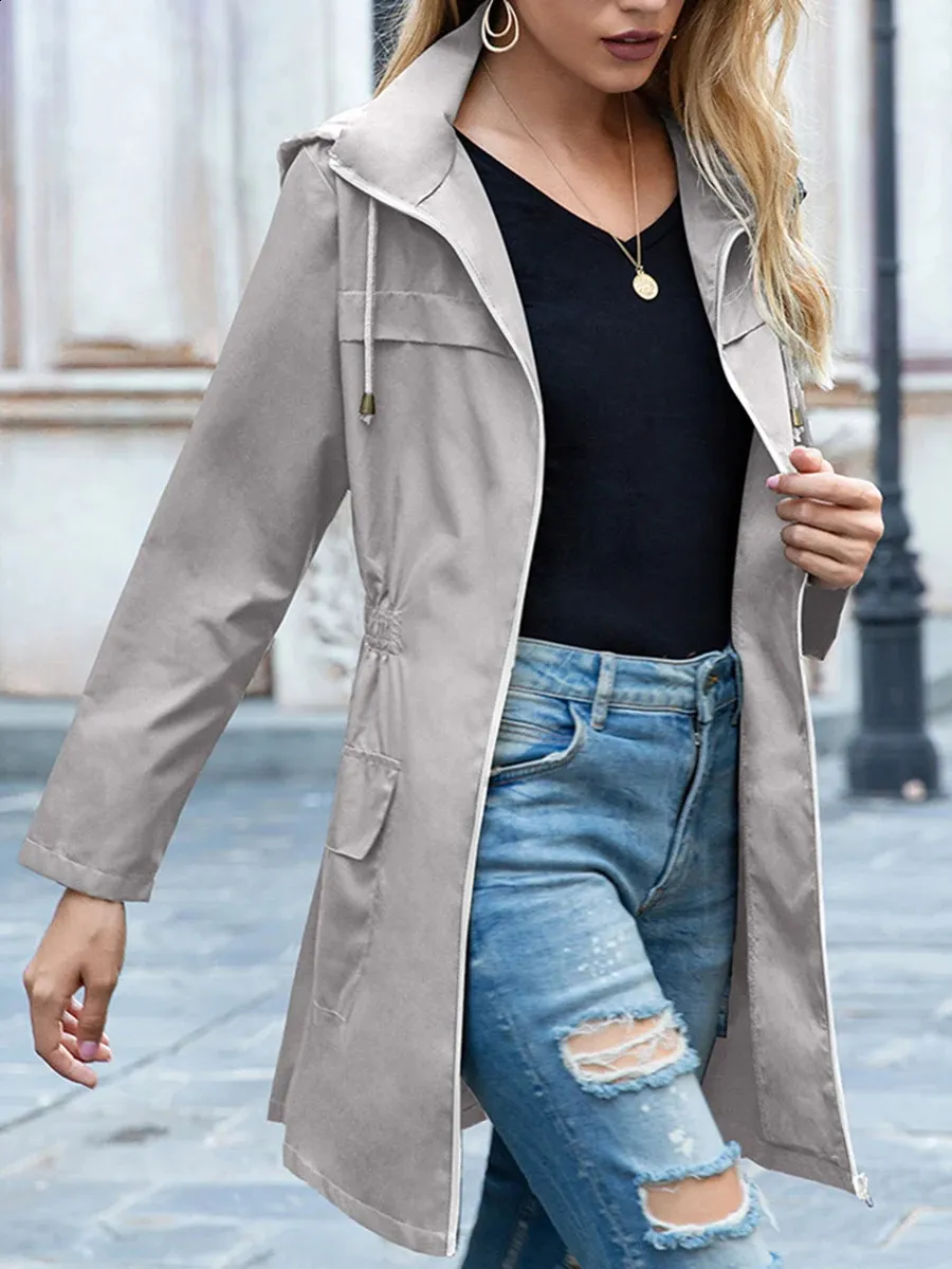 Lightweight Hooded Rain Trench Coat for Women Windproof