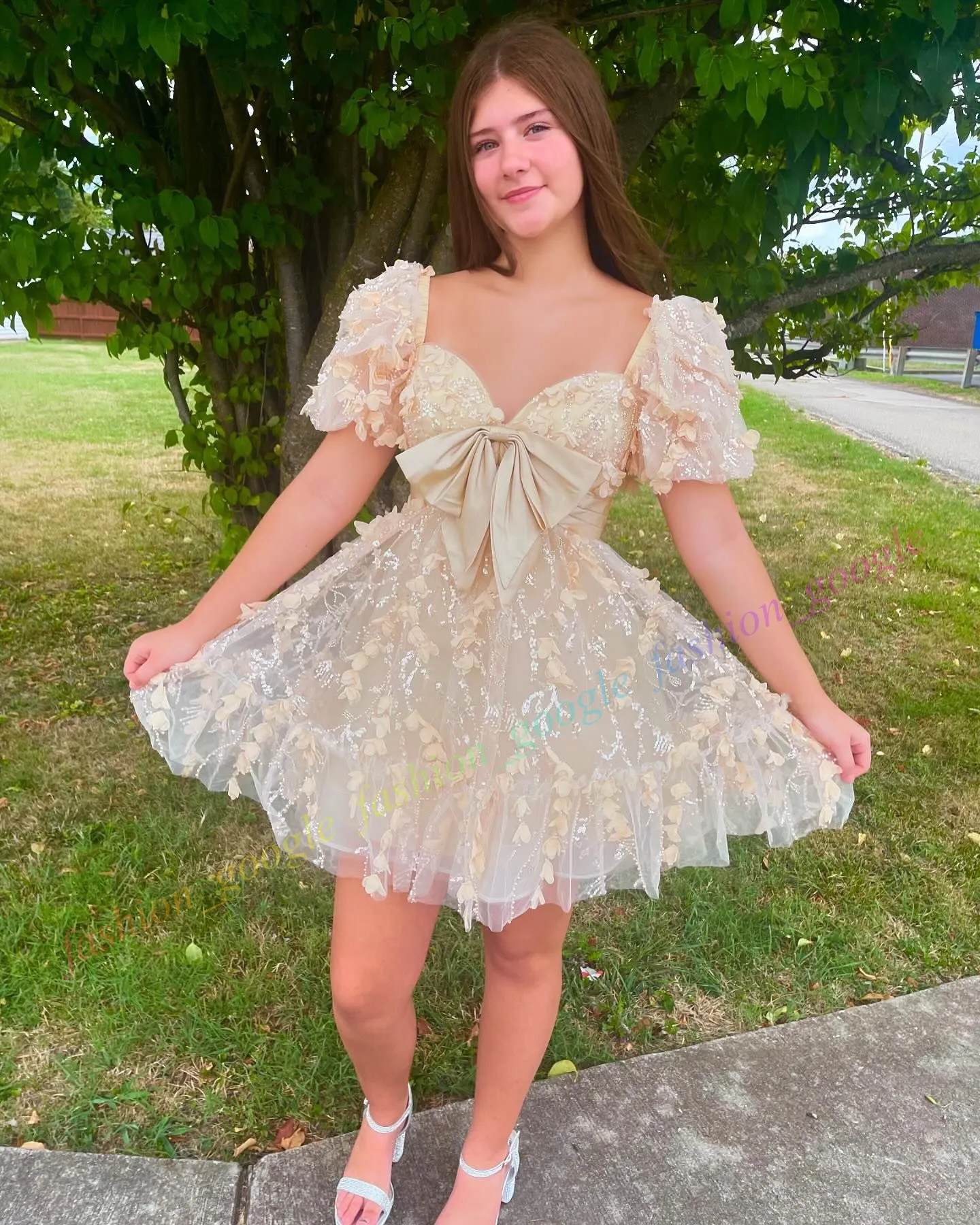 white christmas dresses Grace Floral Applique Tulle Babydoll Mini Dress Ivory / L main image 0