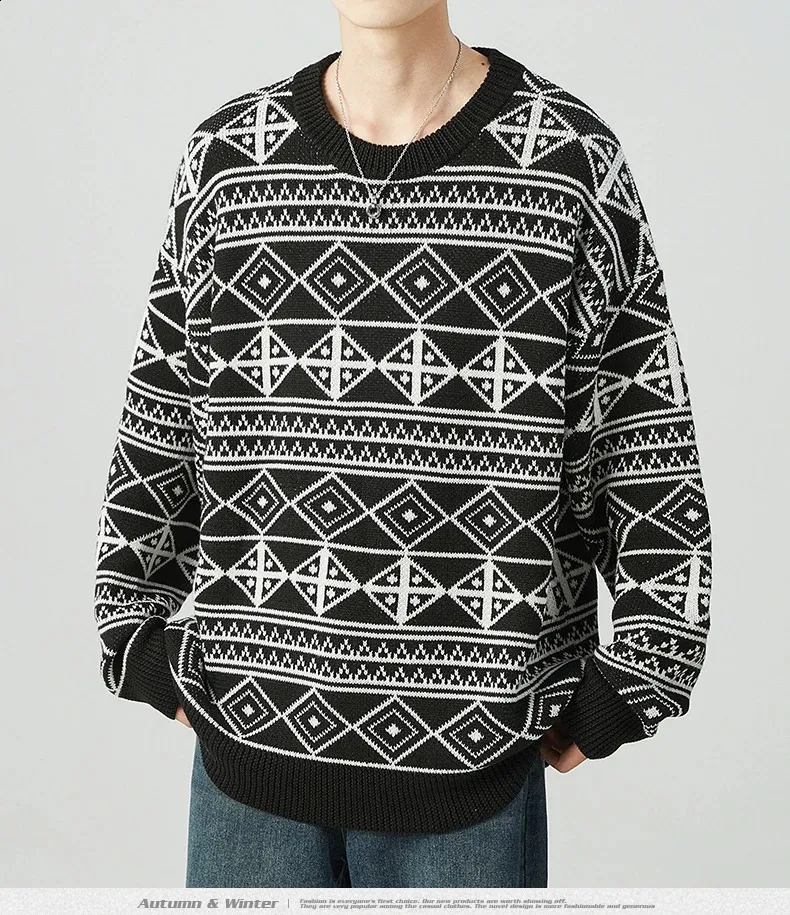 Jacquard Knitwear Sweaters Men: Round Neck Loose Pullover