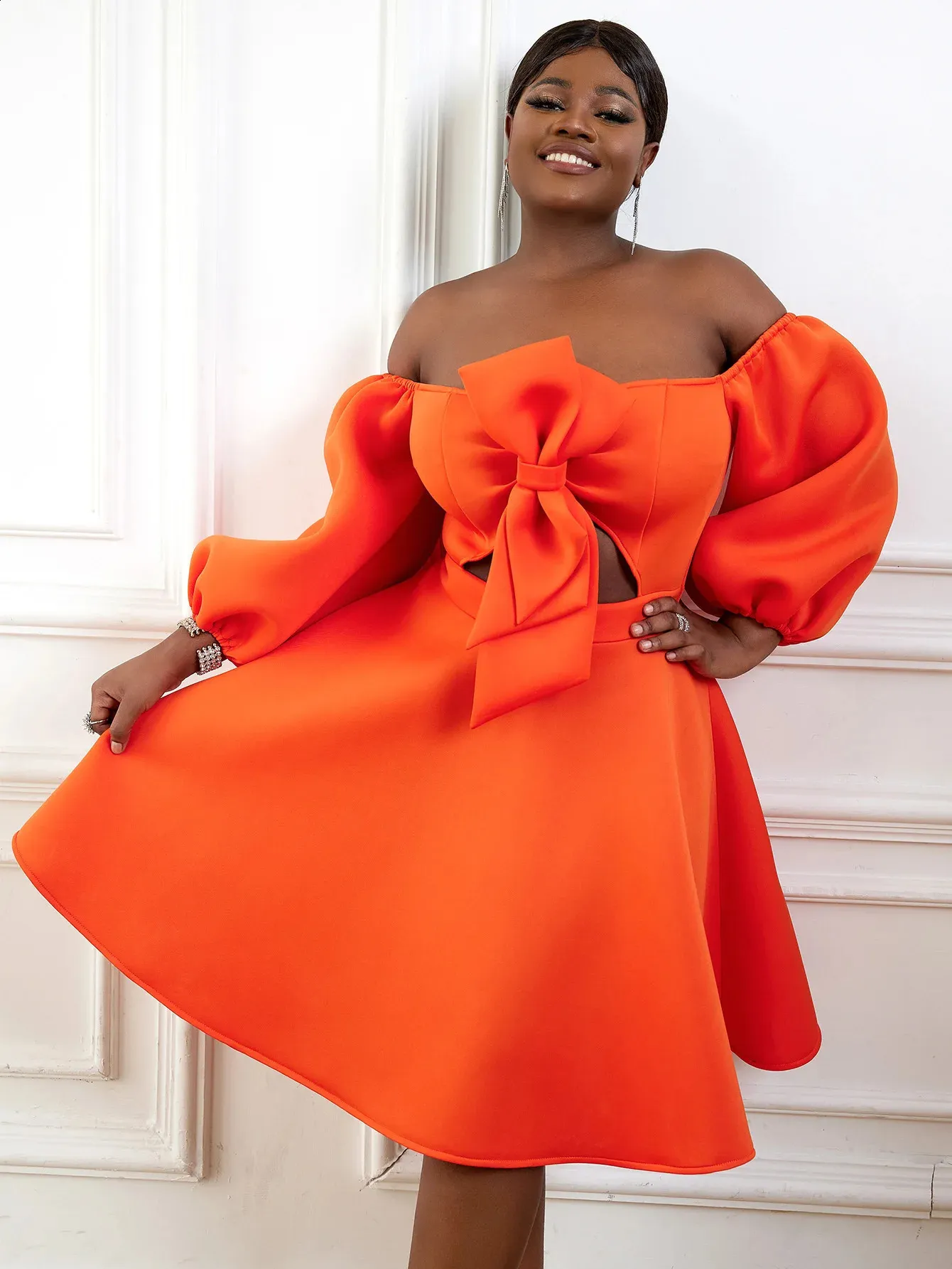 open lace back dress Plus Size Open Back Orange Satin Dress main image 0