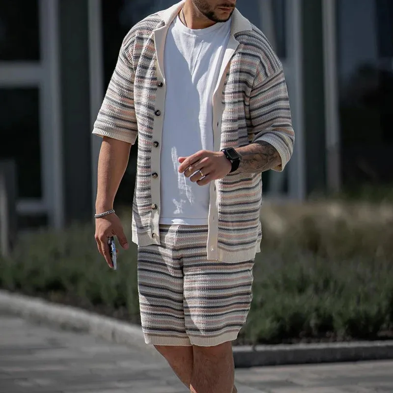 Mens Knitted Shirt And Shorts Set Stylish Two Piece Crochet Knit