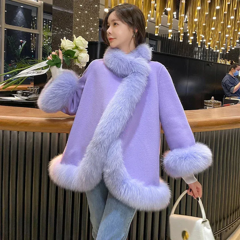 Womens Faux Fox Fur Trimmed Knit Cape – Chinese From