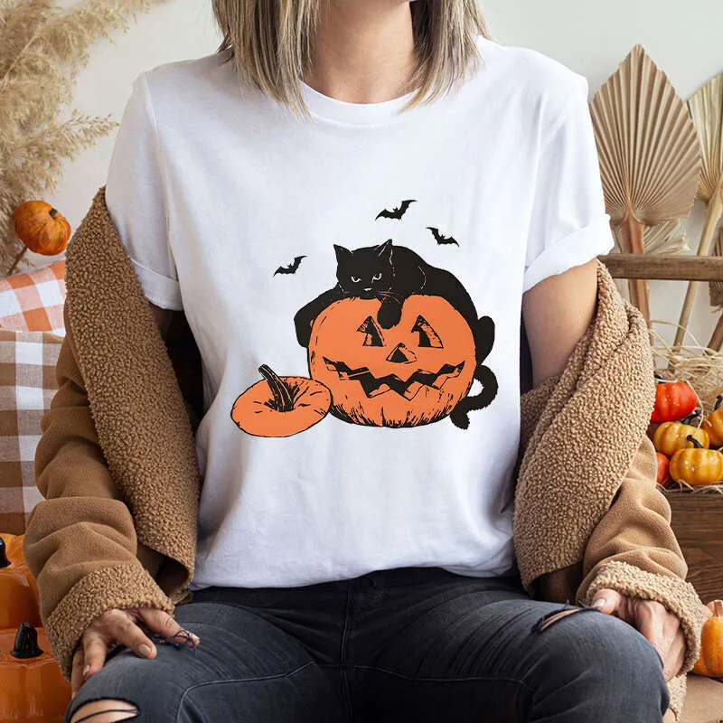 Camiseta De Halloween Para Mujer Con Diseño De Gato Negro Y Calabaza - Manga Larga, Cómoda, Perfecta Para La Temporada De Terror