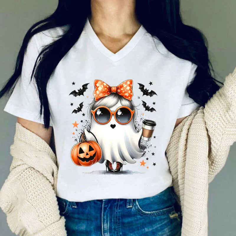 T-shirt Halloween Pour Filles - Manches Courtes, Motif Citrouille Orange, Amusant Et Confortable