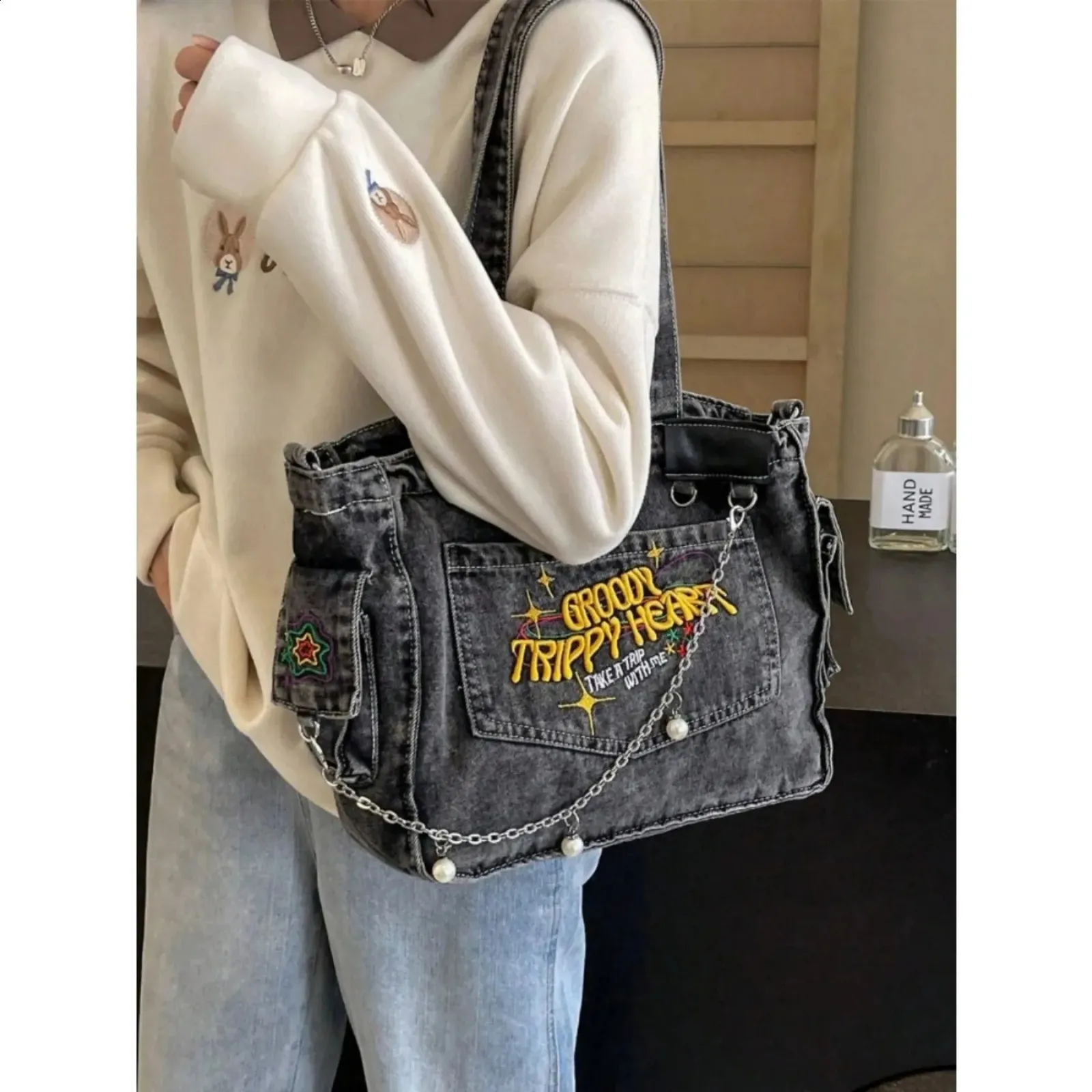 ショルダーバッグ・ポシェット Hashtag DDD Reversible Denim Tote Crossbody Bag Amazon.com: Denim Shoulder Bag for Women Men Tote Bag Casual