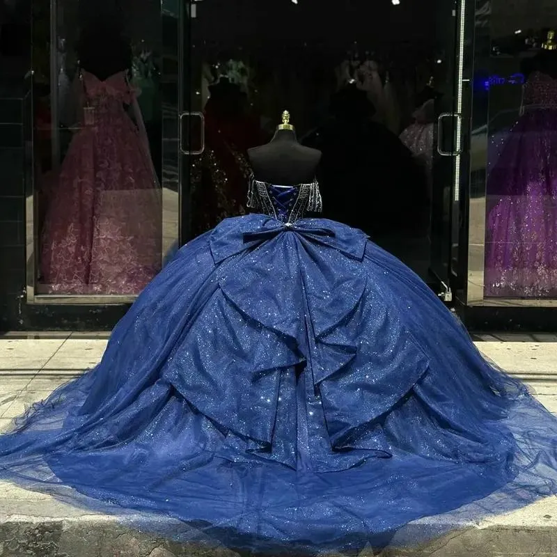 Navy Blue Ball Gown Quinceanera Dress with Off The Shoulder Sweetheart  Neckline and Crystal Beading Bow Tulle Sweep Train from Dhgate Quinceanera  Dresses - price 291.26
