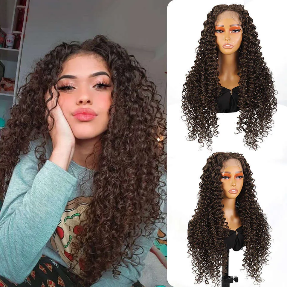 Curly Lace Wig Human Hair Blend Ombre Blonde Brown, 22 Inch Wig