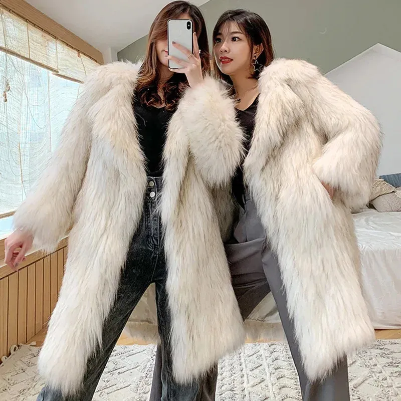 Womens Long Fox Fur Jacket Loose Fit Casual Clothing Coat
