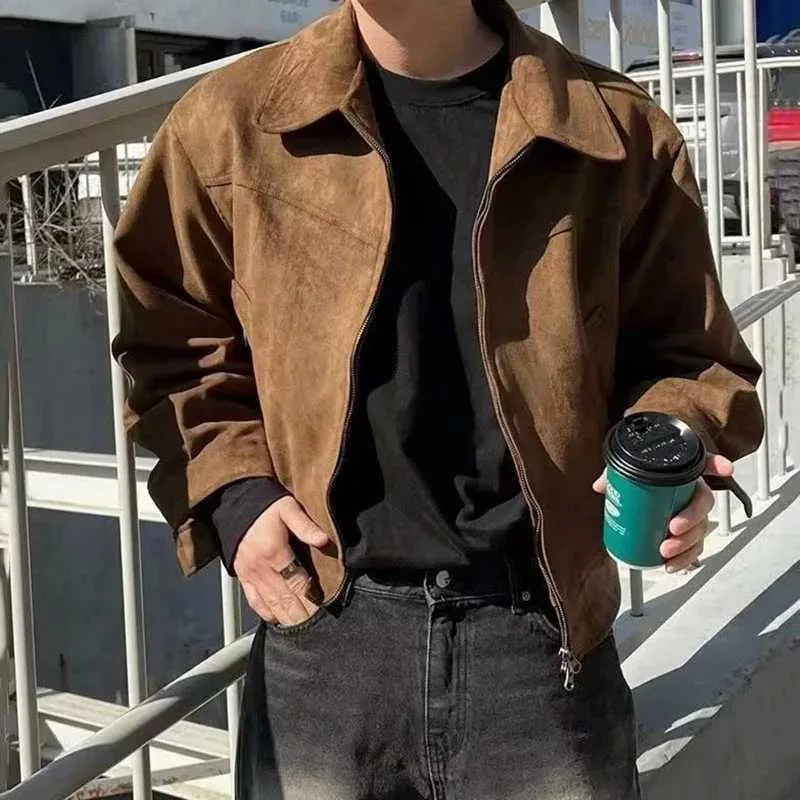 Retro Brown Leather Jacket Style: Mens Suede Short Sleeve Bomber