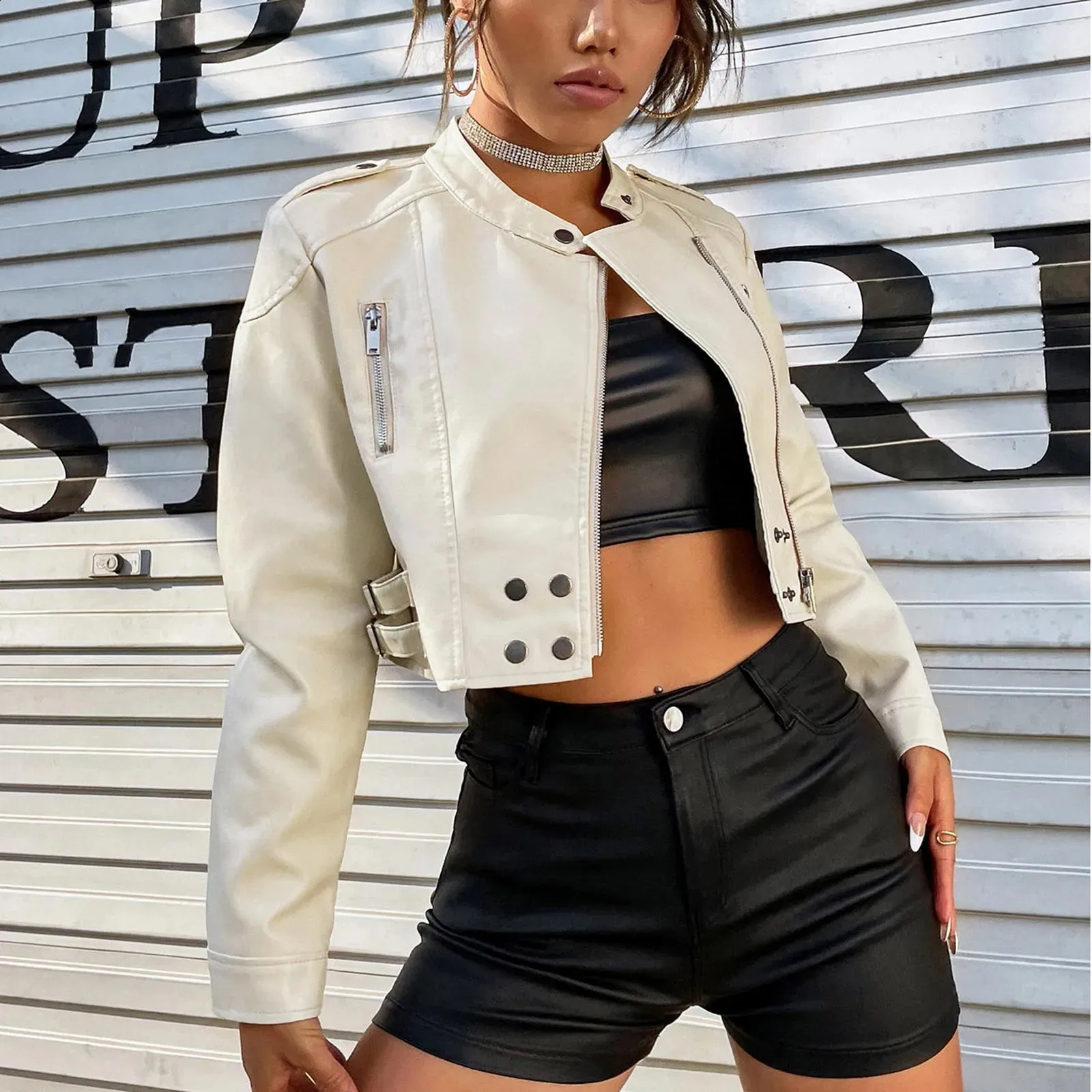 ジャケット・アウター ROUND SHORT SYNTHETIC LEATHER JACKET BoShiNuo Women's Faux Leather Short Biker Jacket Fall Lapel