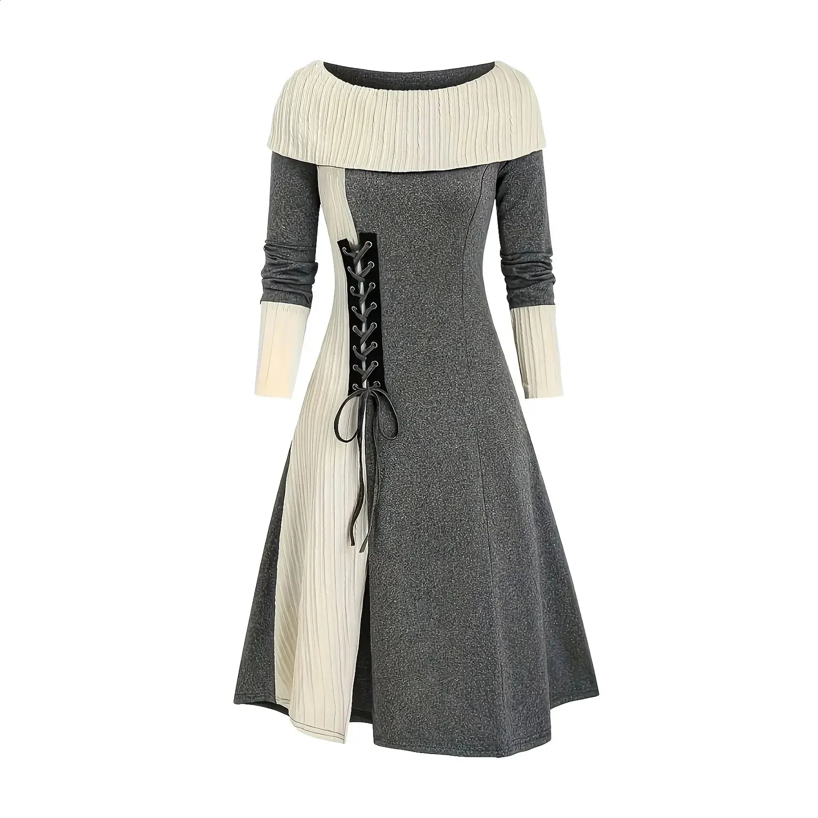 Women's Autumn/Winter Knitted Panel Jumper Dress with Long Line Splicing Cable