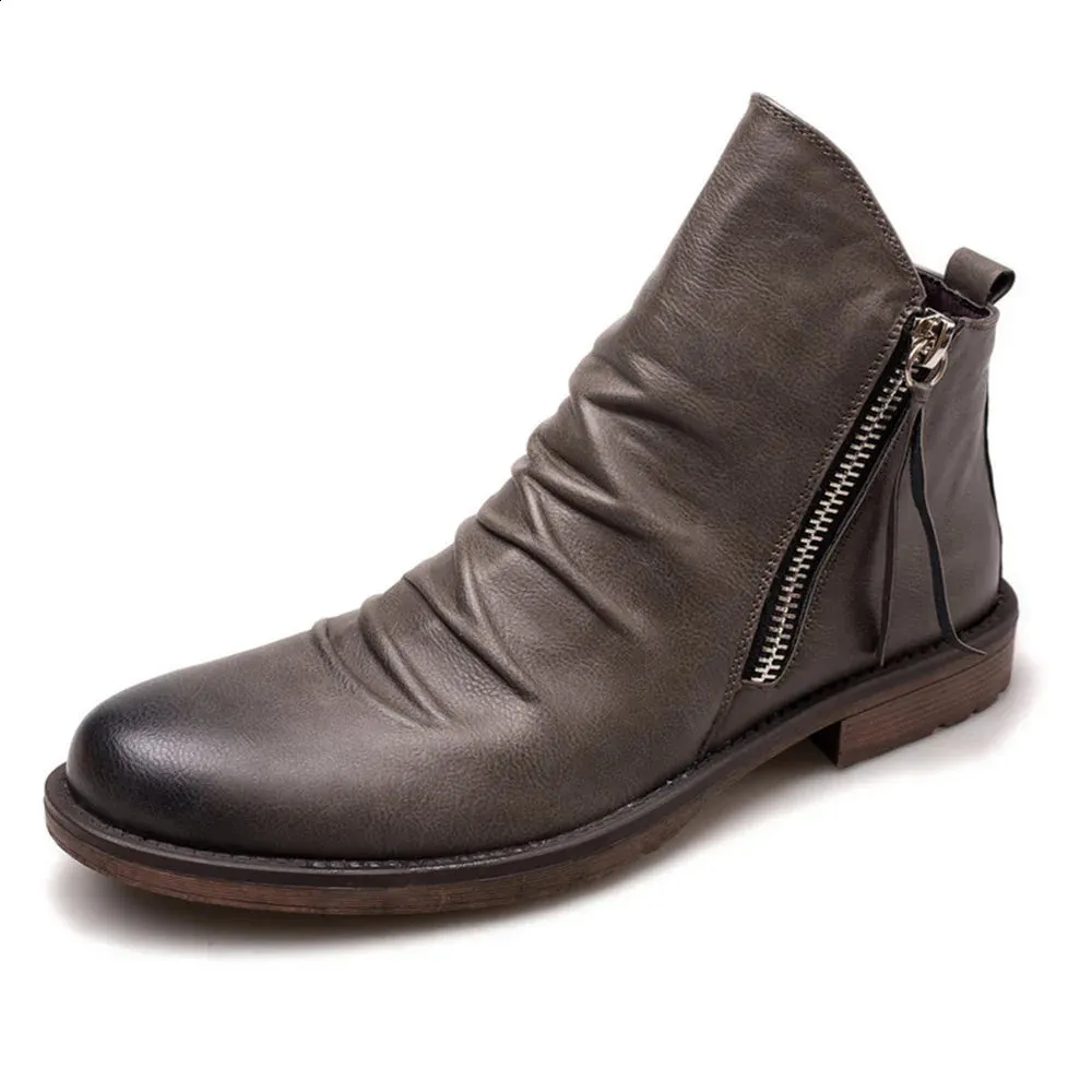 Mens Leather Chelsea Boots, Non Slip Double Zipper Motorcycle