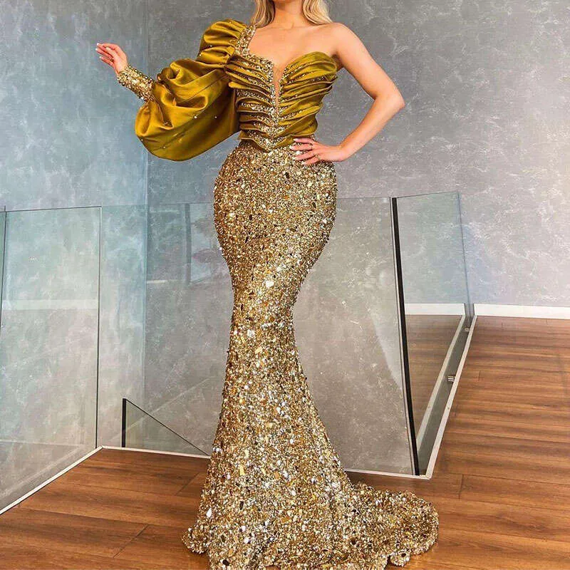 chinese dress ladies Gold Champagne Elastic Satin Long Sleeves Party Dresses, CP0673 US16 / Custom Color(Leaving A note)