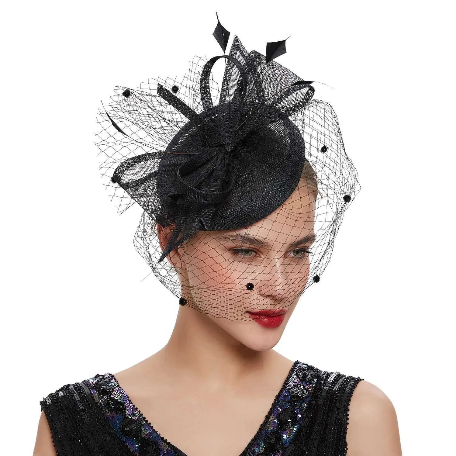 Elegant Black Sinamay Fascinator Hat With Veil Vintage  display picture 1