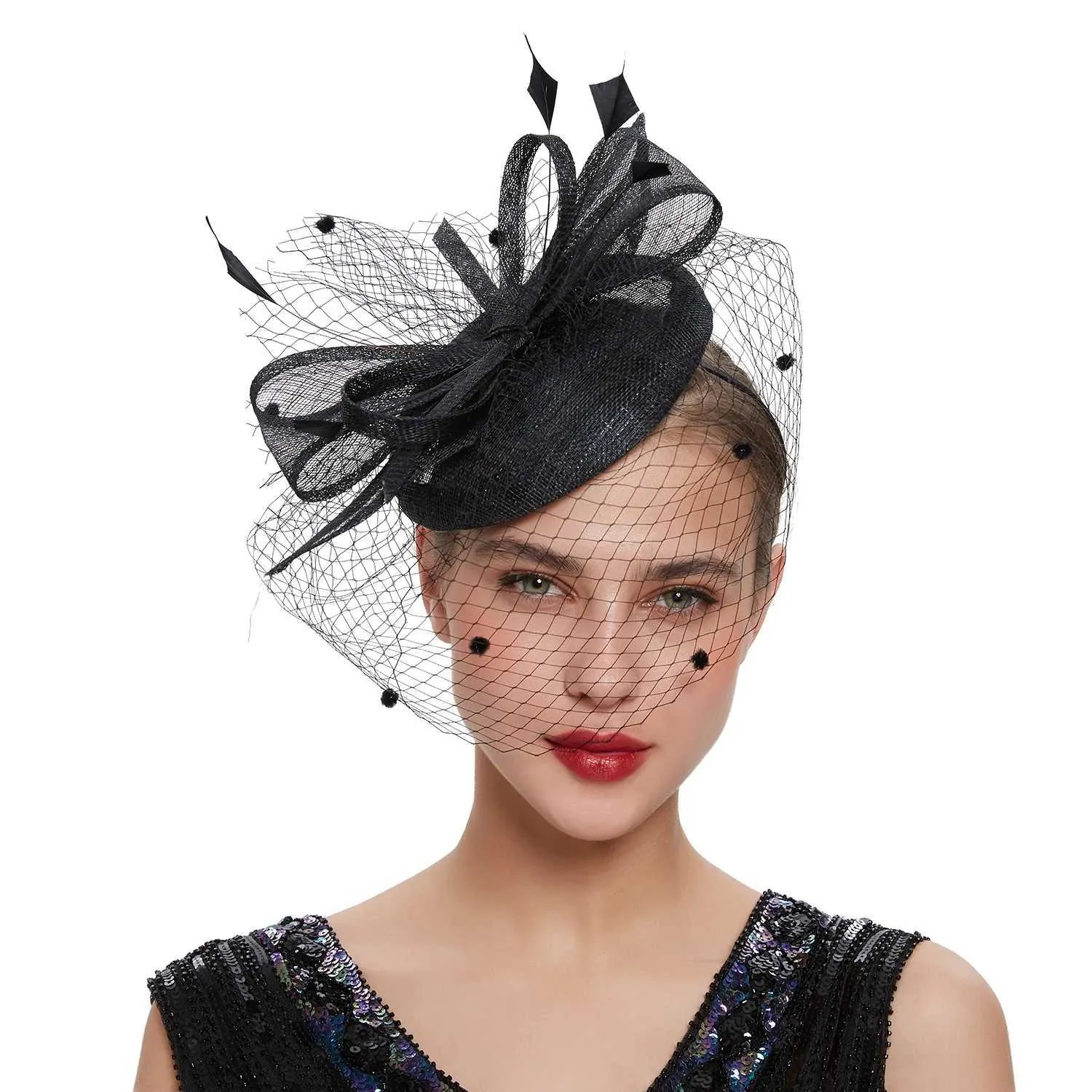 Elegant Derby Fascinator Headpiece with Veil & Ribbon Tea Party Wedding Formal Tea Party Fascinator Hat Kentucky Derby Feather... From  main image 3