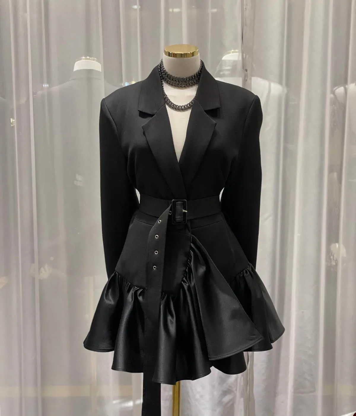 black satin blazer dress Zapakasa Women Black Satin Midi Blazer Dress with Pockets Notched Lapel  Long Sleeves A Line Work Dress with Belts main image 1