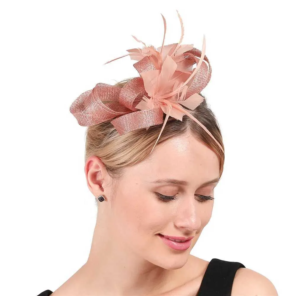 Peach Sinamay Hat Womens Enchanting Wedding Feather Flower 