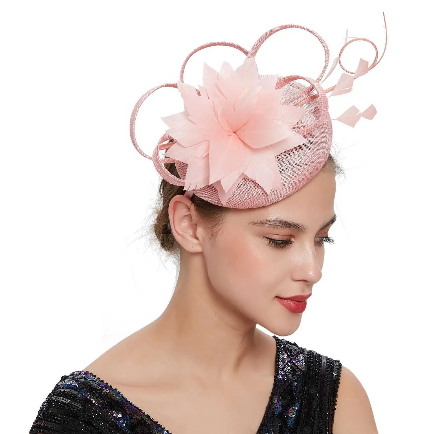 Sinamay Flower Feathers Pillbox Fascinator Derby Headband for Wedding Party Feather Pillbox Hat For Women Sinamay Fasciator Headband  main image 4