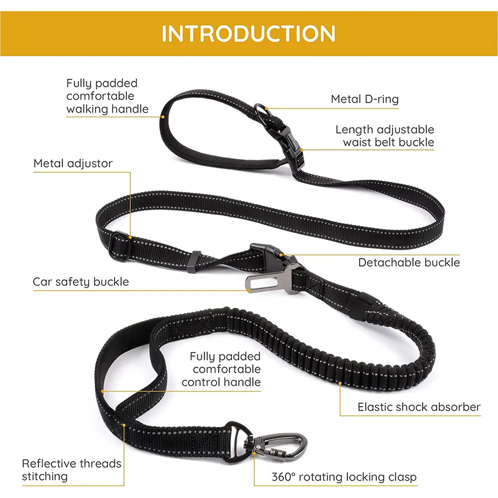 Waitst Leads Hands Free Dog Leash 6 in 1 Adjustable 8 Ft Bungee Nylon Double Handle ...