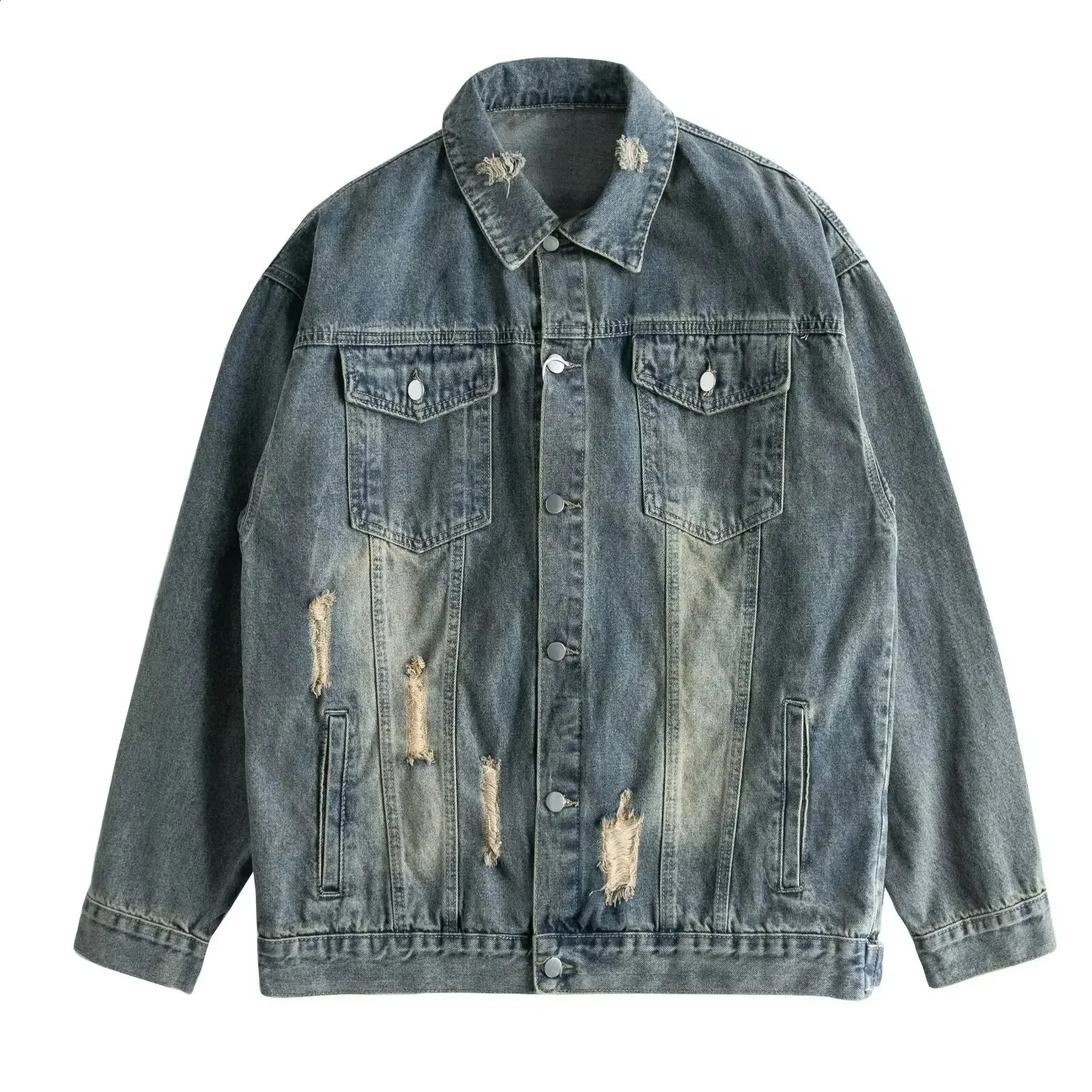 Mens Distressed Denim Jacket Ripped, Multi Pocket, Vintage