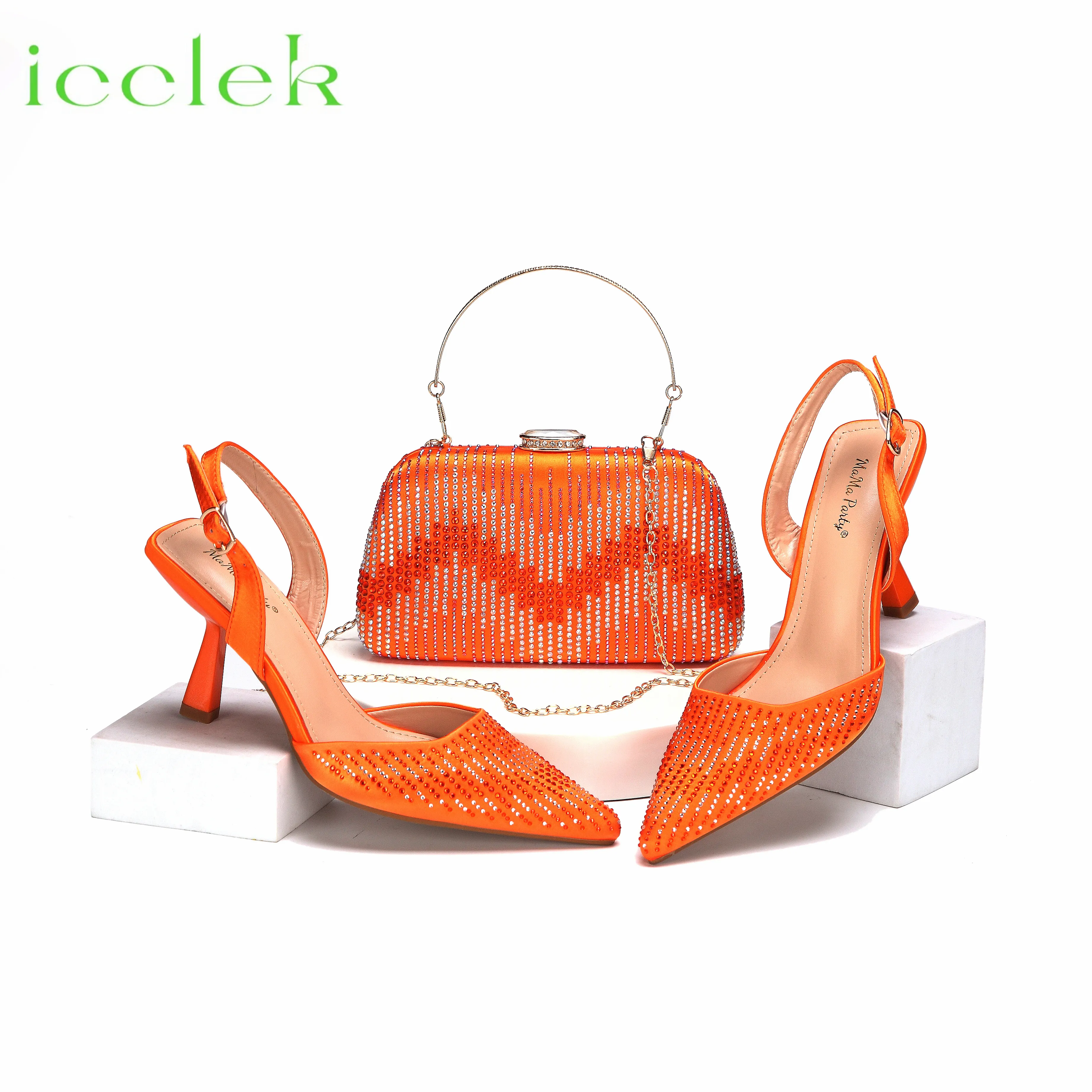 Orange Color Pointed Toe Crystal Design Thin Heel Ladies Shoes