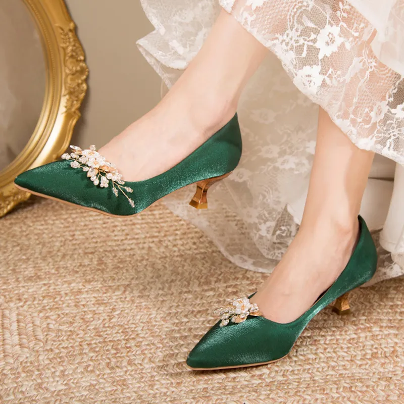 Green Silk Pointed Toe Pumps for Women Low Heel Slip on Party Shoes