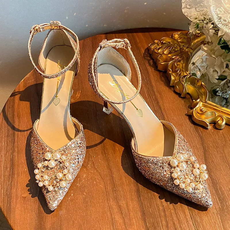 Women's Bling Sequined Ankle Strap High Heel Pumps Red, Gold, Silver  Pearl Thin Heels Party Shoes