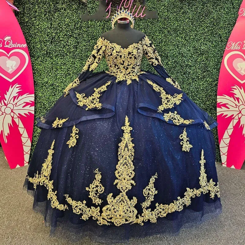 Blue Navy Masquerade Themed Quinceanera Ball Gown Dress with Beading, Gold Appliques, Lace, and Train for Weet Girls - Princess Vestidos de