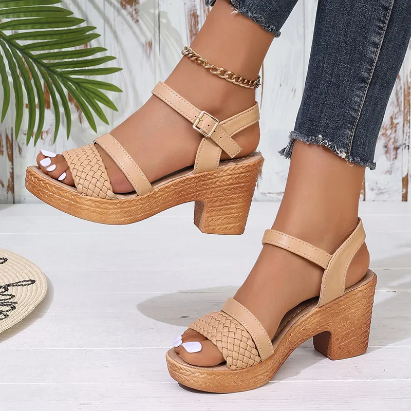 Womens Braided Chunky Heel Platform Sandals with Ankle Strap