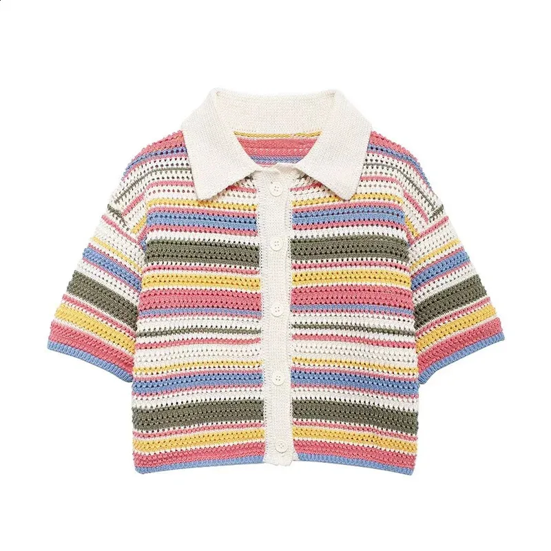 Colorful Striped Knit Polo T-Shirt for Women - Crocheted
