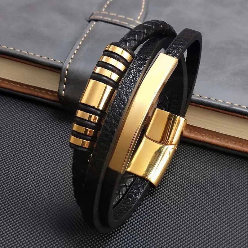 Mens Leather Beaded Bracelets: Gold-Plated, Multi-Layer Woven Punk