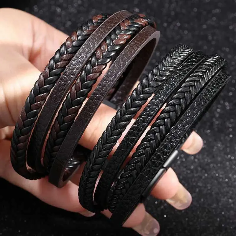 Mens Stainless Steel Bracelets Classical Multilayer Leather