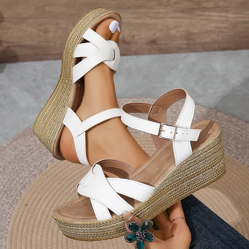 Chunky Platform White Sandals Womens Summer Wedges, PU Leather - Main Image