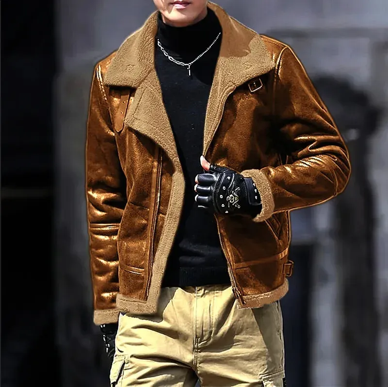 Mens Brown Faux Leather Motorcycle Jacket, Classic Wool Lined
