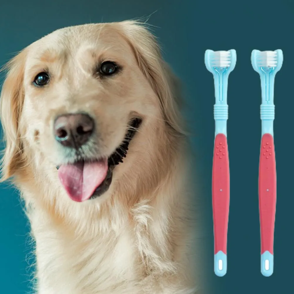 Dog Toothbrush Set of 2 triple Headed Dental Hygiene Brush for Dog Cats with 2 Pet Finger Toothbrush for Pet Dental Care dental Brushes Set Kit with