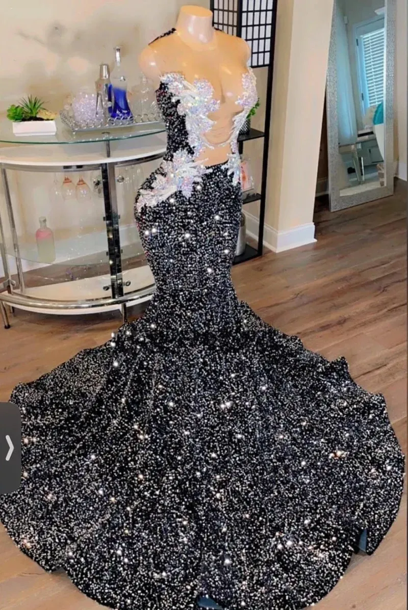 mermaid black sequin dress Elegant Gown with High Collar and Long Sleeves The light Black Sequin Mermaid Prom Dress,