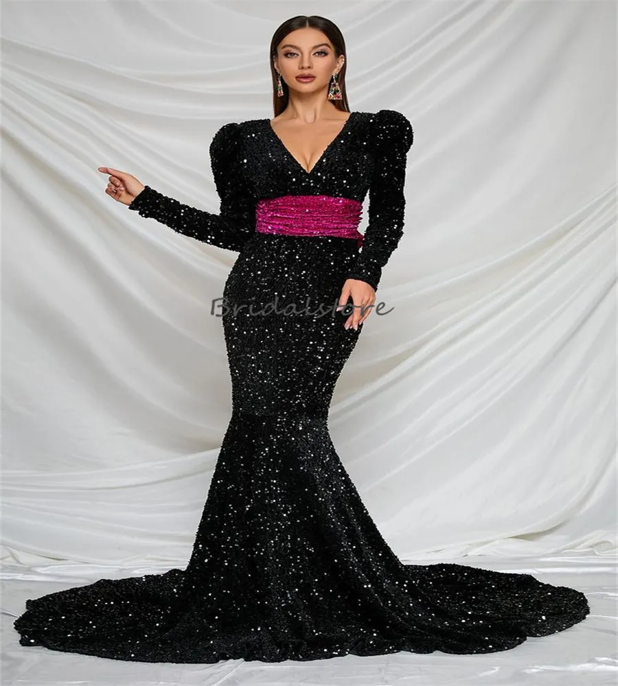 Black Sequin Plus Size Black Sequin evening gown with V-Neck and Contrast Fuchsia Detailing, featuring Big Bow Back and Shiny Finish - Perfect for Black Sequin Plus Size Black Sequin evening gown with V-Neck and Contrast Fuchsia Detailing, featuring Big Bow Back and Shiny Finish - Perfect for