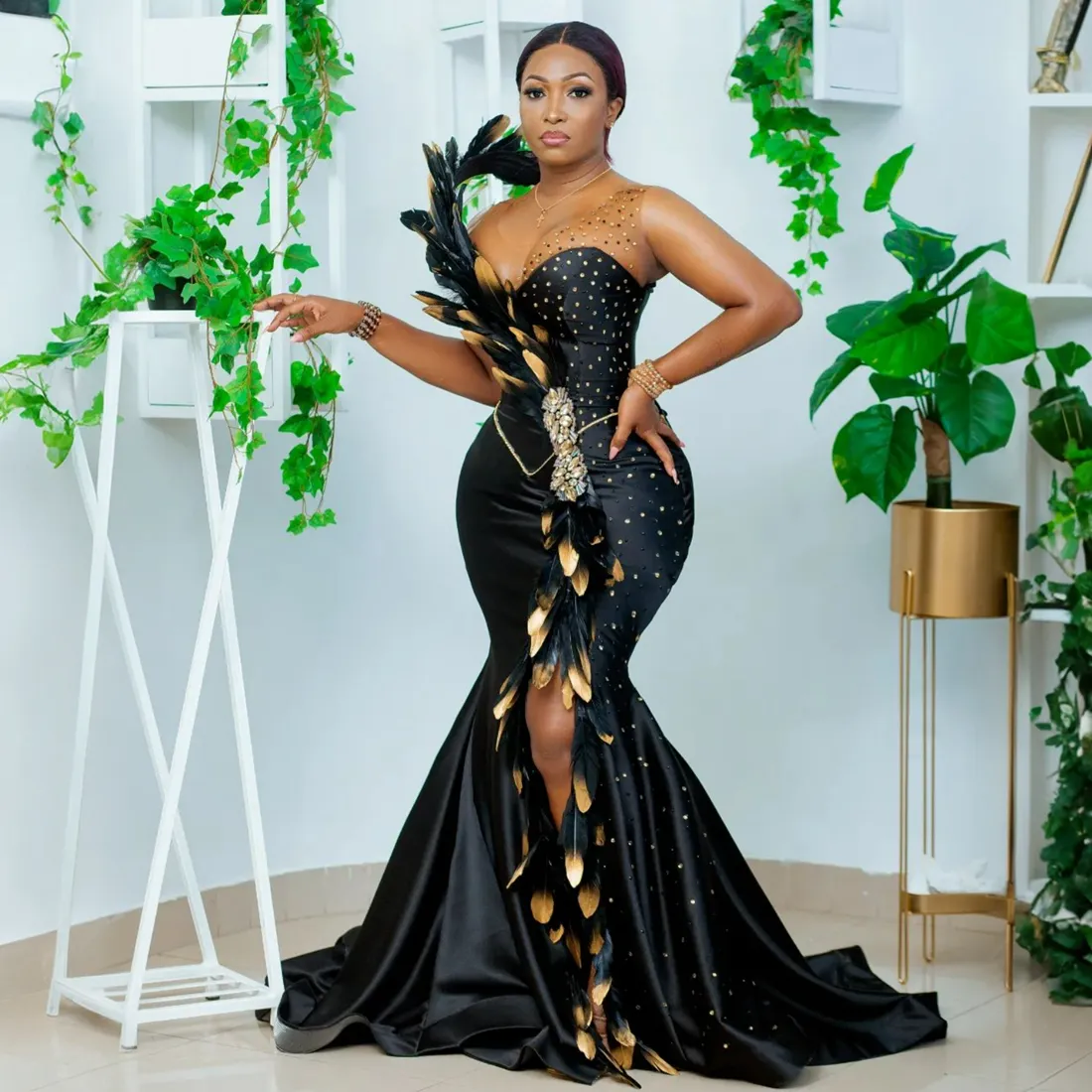 Plus Size African Nigeria Mermaid Black beaded prom dress with Illusion Silhouette, Feather Embellishments, High Split, and Formal Gown for Black Plus Size African Nigeria Mermaid Black beaded prom dress with Illusion Silhouette, Feather Embellishments, High Split, and Formal Gown for Black