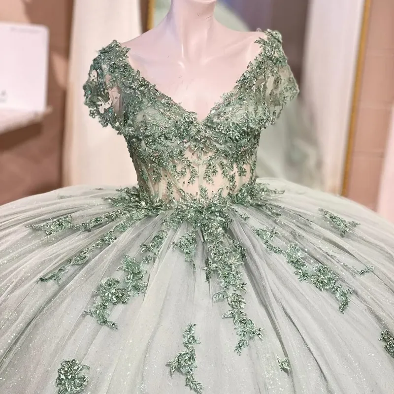 light green quinceanera dresses Shiny Ball Gown Off The Shoulder Appliques Lace Beads Tull Corset Vestidos de 15 Anos up back closure completes the sophisticated design Enchanting Green Alta Couture QuinceaÃ±era
