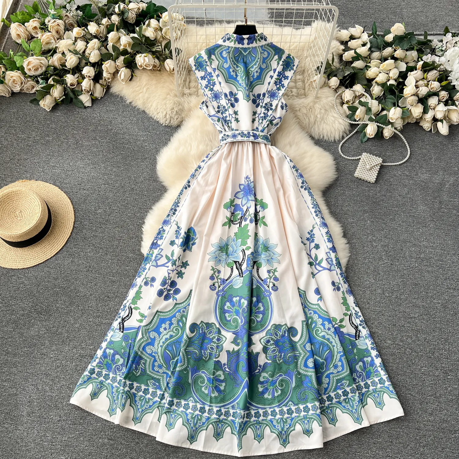 Casual Dresses Summer Elegant Print Floral Long Dress Women's Sleeveless Lapel Single Breasted Belt Tank Beach Party Vestidos Clothings 2024